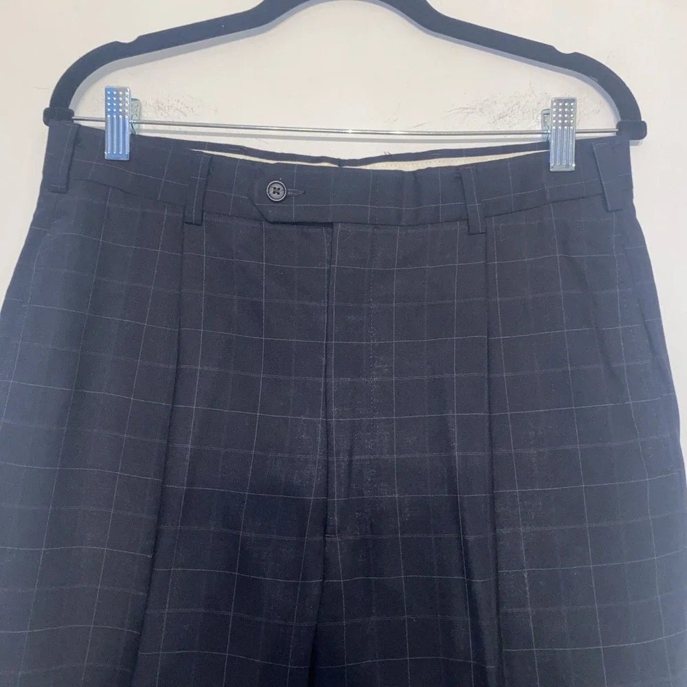 Vintage Tommy Hilfiger Suit Black Windowpane 2 Pc Pleated 90s Made USA 42R 33x29